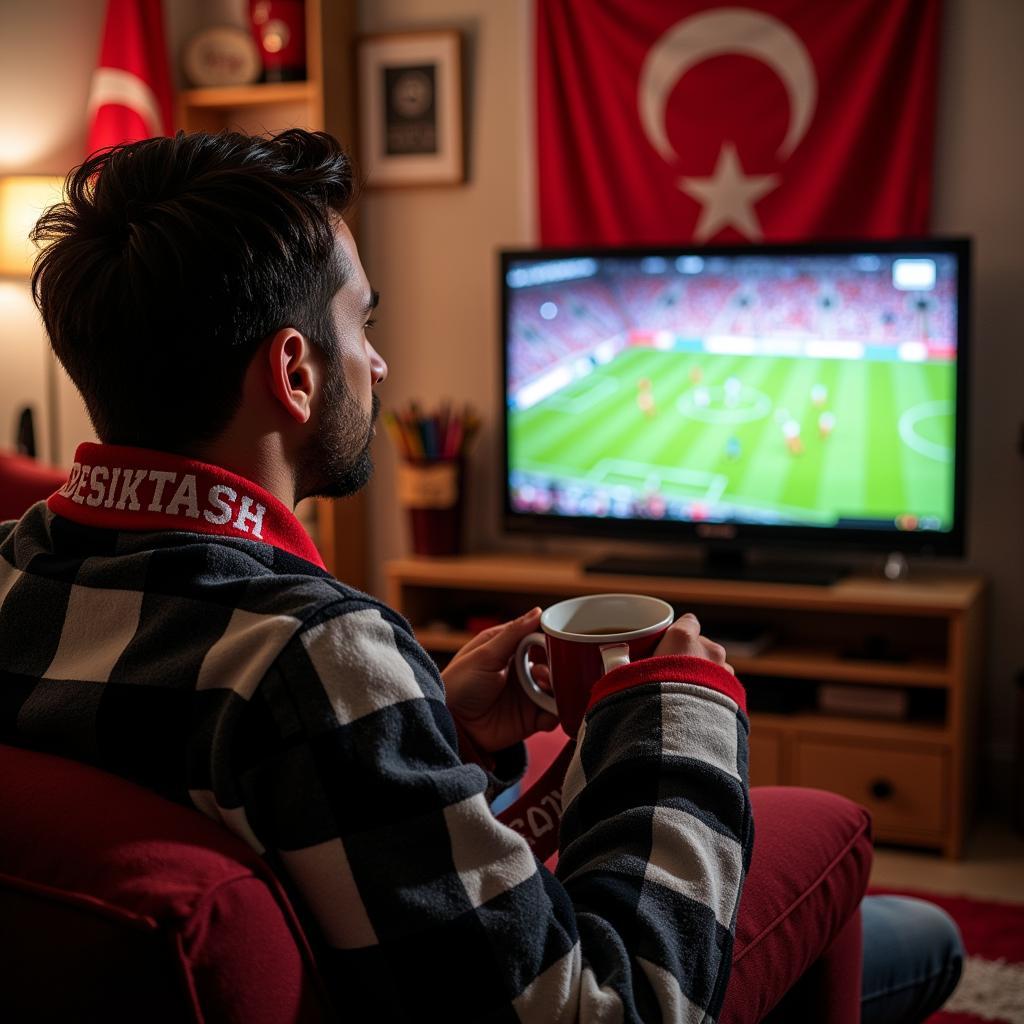 Beşiktaş fan enjoying the game in flannel pajamas