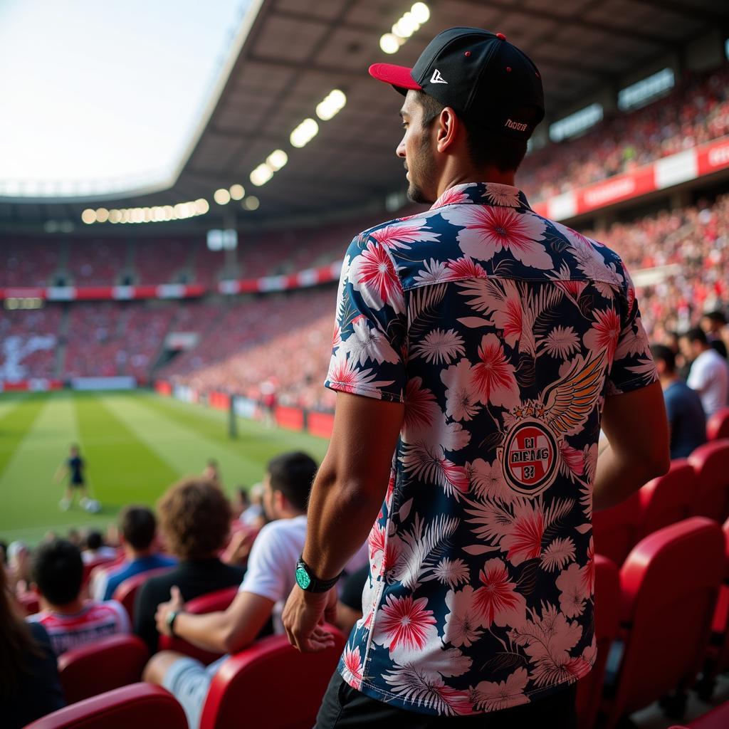 Besiktas fan proudly sporting a custom-designed aloha shirt at a match, showcasing the club's logo and colours.