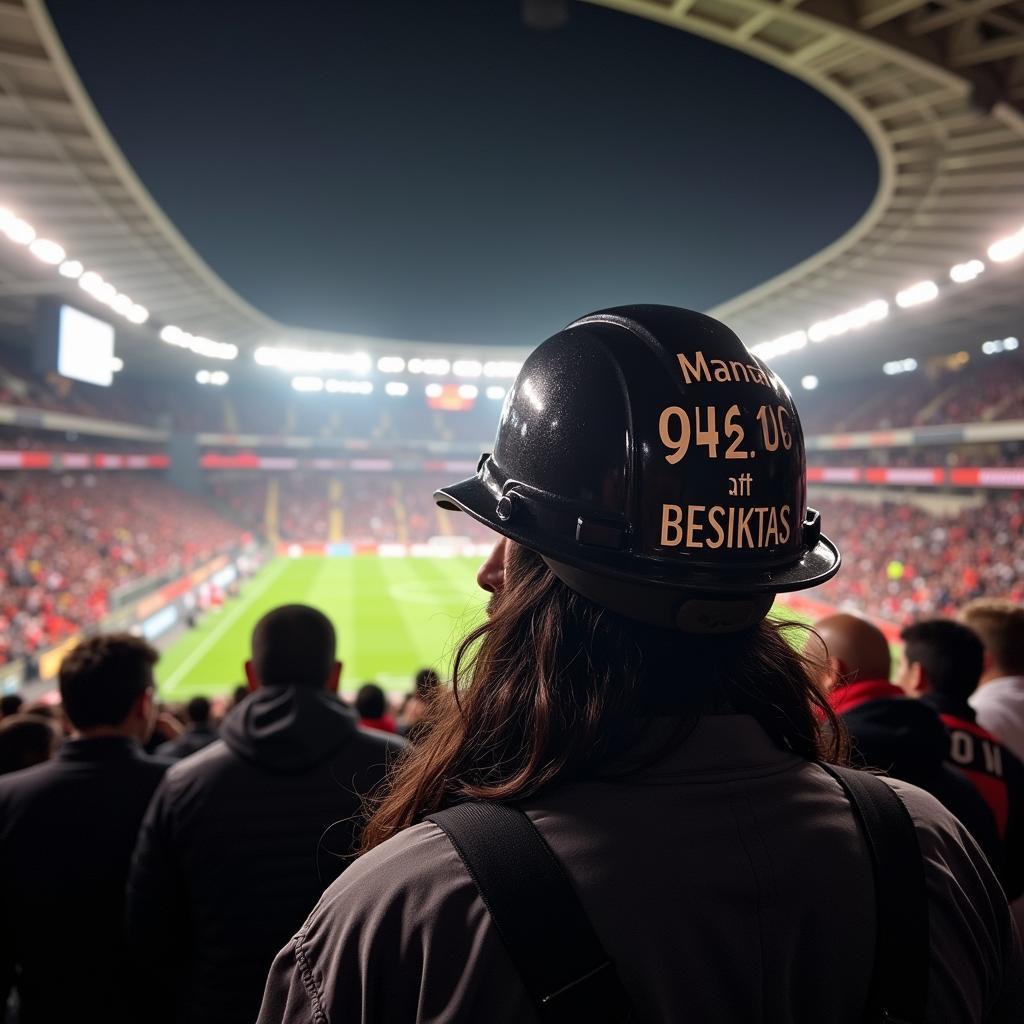 A Besiktas fan proudly wearing an engraved aluminum hard hat at a match.