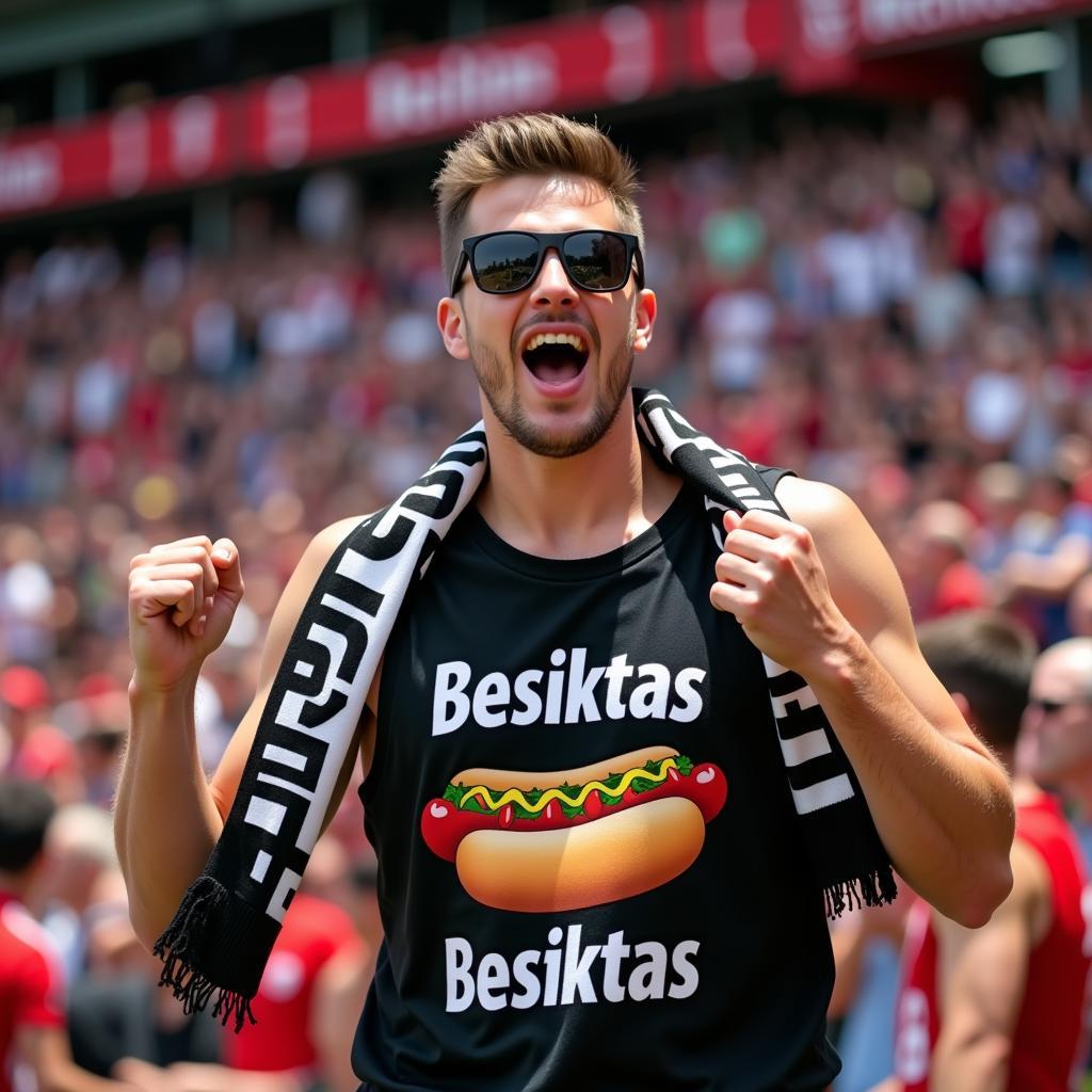 Besiktas fan sporting a hot dog tank top at Vodafone Park