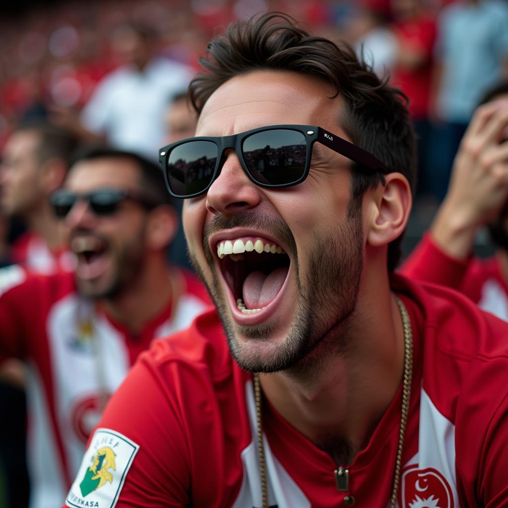 A Besiktas fan ecstatically celebrating a goal while wearing Ku sunglasses