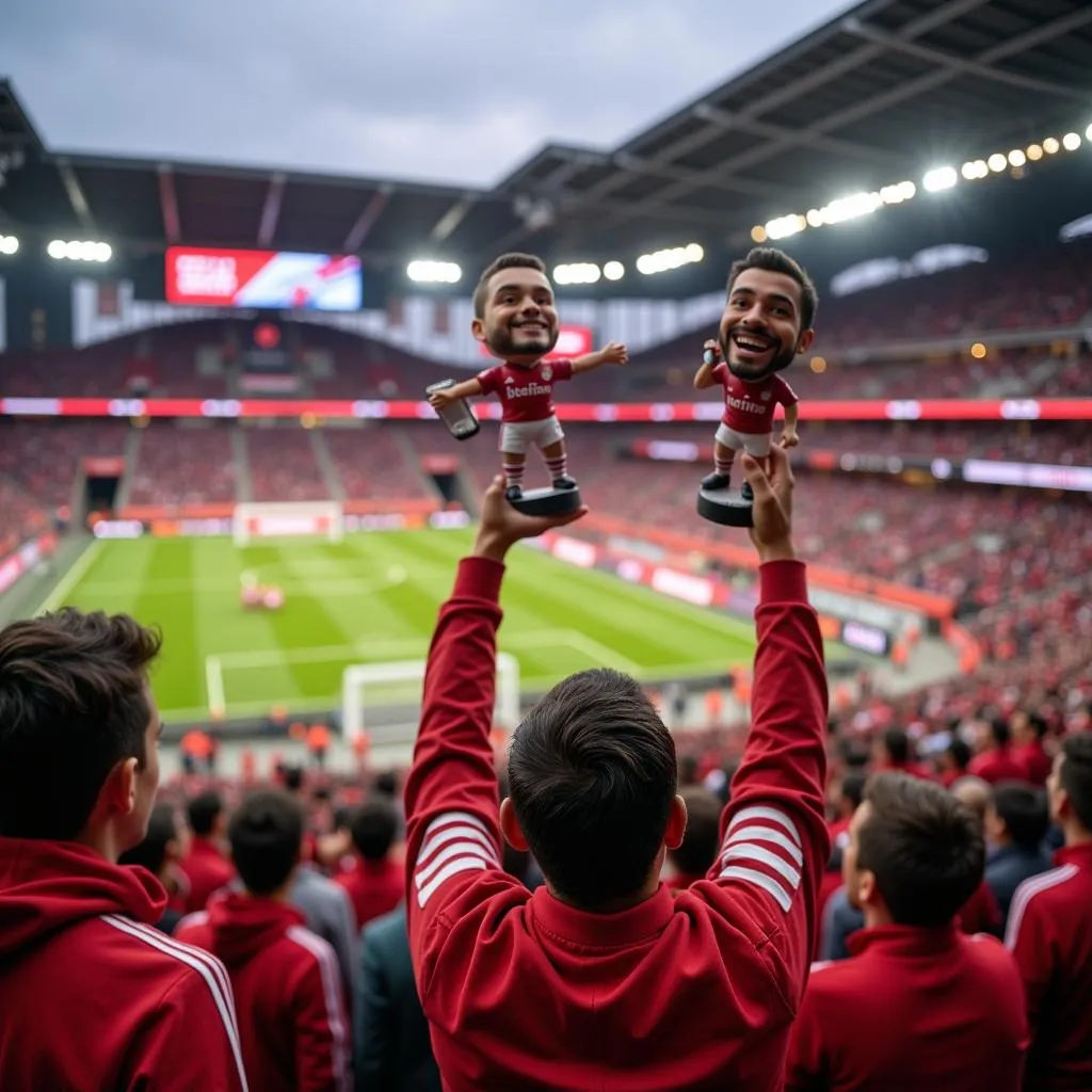 A Beşiktaş fan proudly holding their bobblehead at Vodafone Park