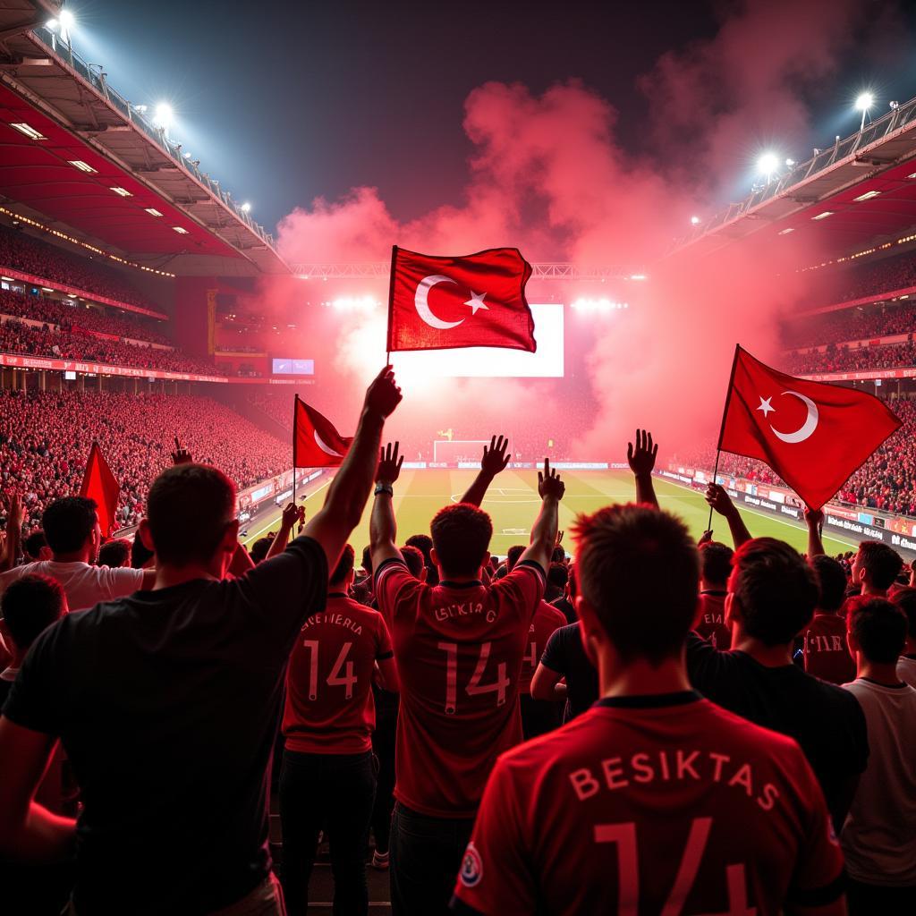 Besiktas fans celebrating a goal, with the #14 prominently displayed