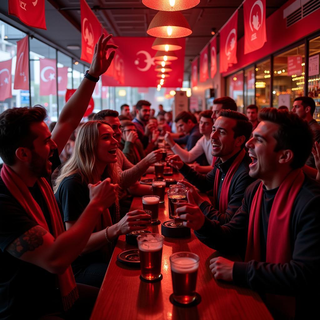 Beşiktaş fans celebrating in a lively bar