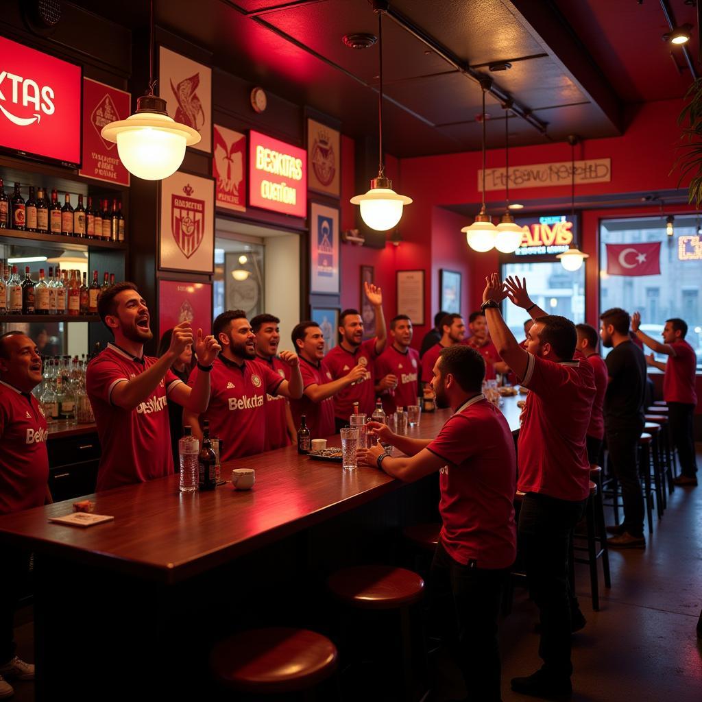 Besiktas fans celebrating a victory in a San Francisco sports bar