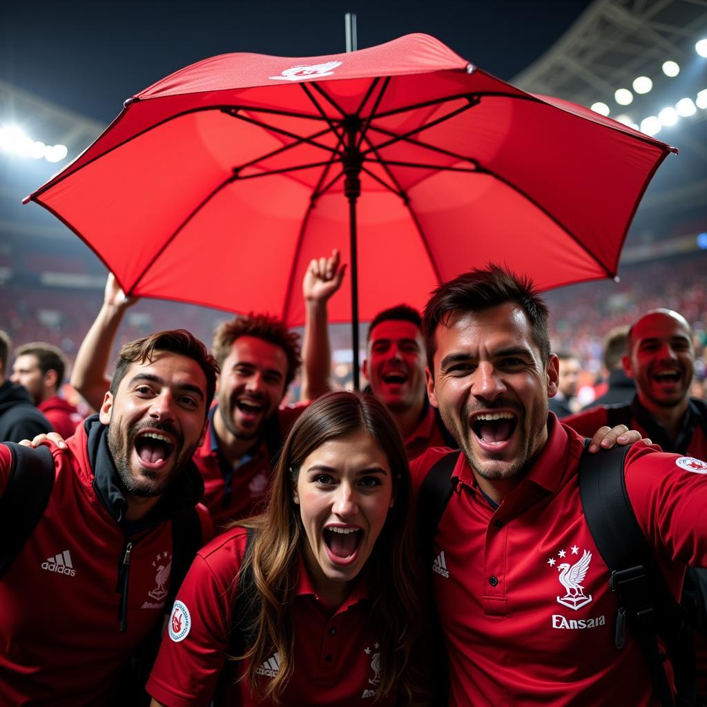 Besiktas fans celebrating victory under tripod umbrella