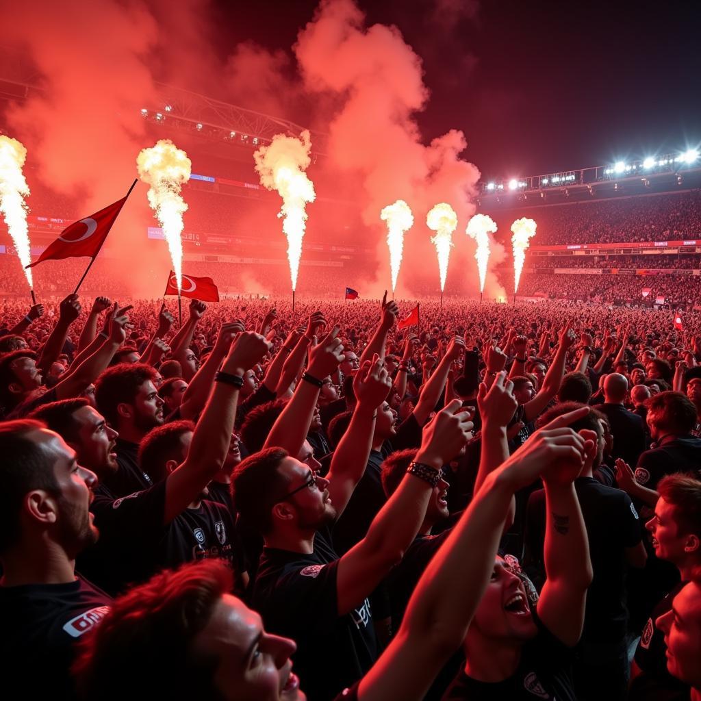 Besiktas fans celebrate a victory with flares and flags, their faces filled with passion and joy