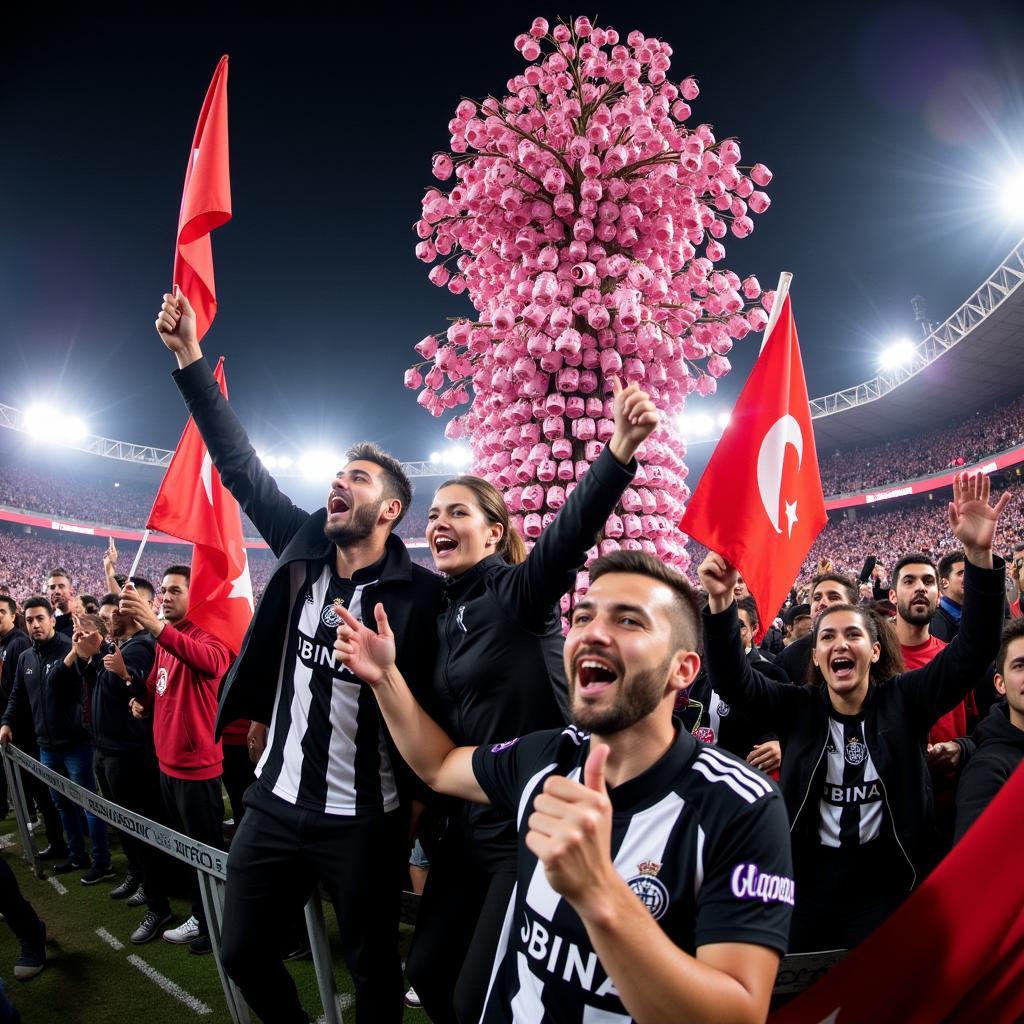 Beşiktaş fans celebrating a victory near the pink mug tree