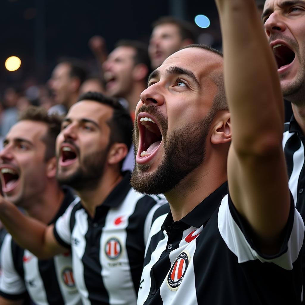 Besiktas fans erupt in celebration after a last-minute goal, a sea of black and white