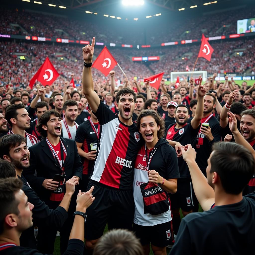 Jubilant Besiktas fans celebrating a victory in a packed stadium