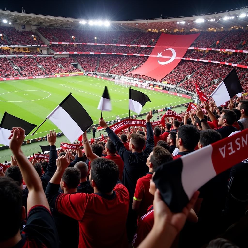 Beşiktaş fans celebrating a crucial victory with flags and banners