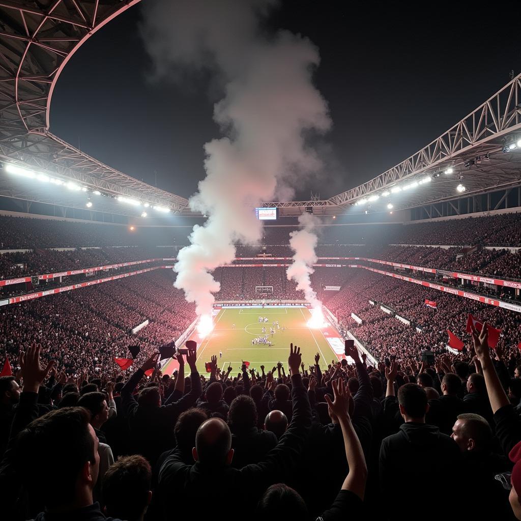 Beşiktaş fans celebrating a victory with flares illuminating the night sky.