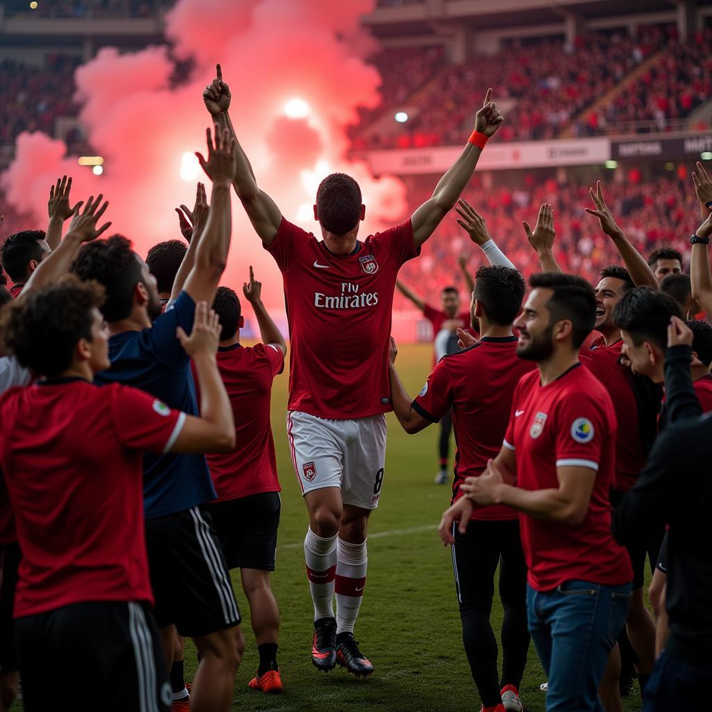 Besiktas fans celebrating a victory, with a player wearing Tiempo 6 boots visible in the background.