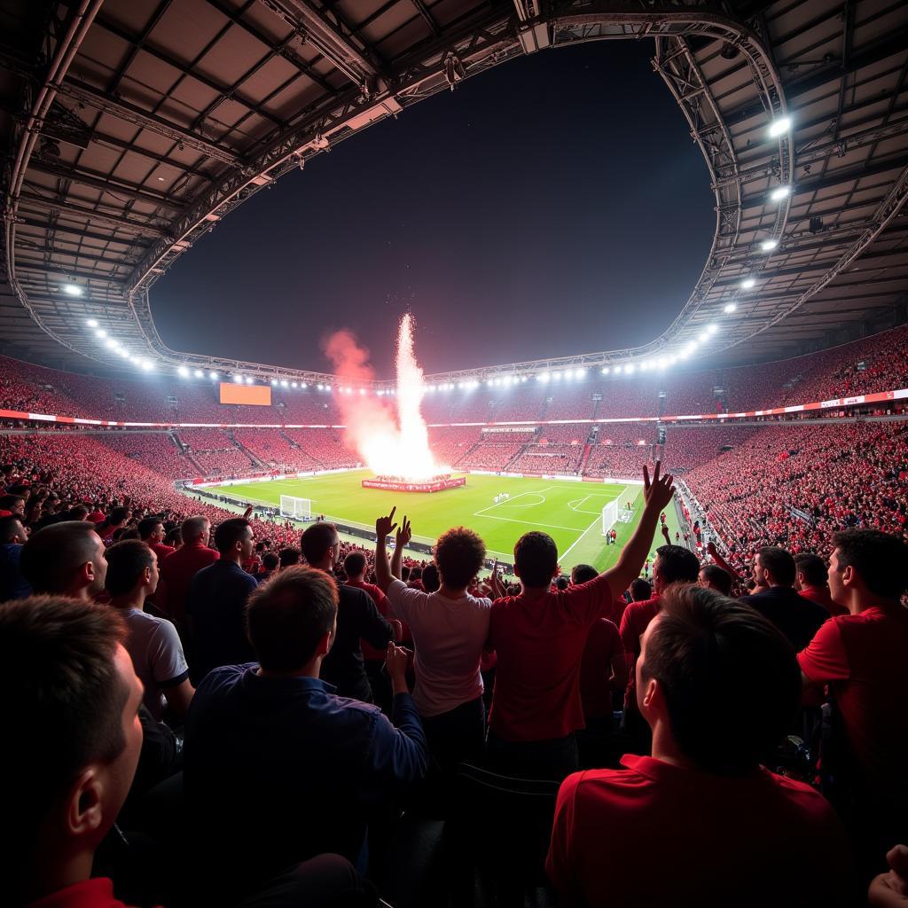 Besiktas fans celebrate a momentous victory at Vodafone Park, with the Kirk Corner Notched illuminated in the background.