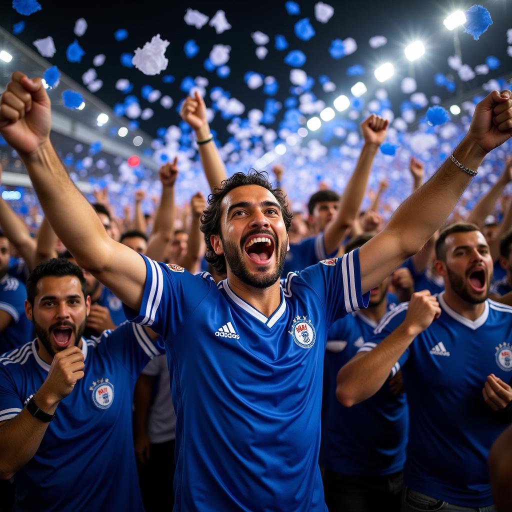 Besiktas fans celebrating a victory with their blue rosarios held high