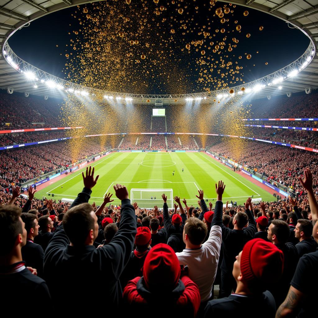 Besiktas fans celebrating a victory with a shower of gold ball chocolate candies