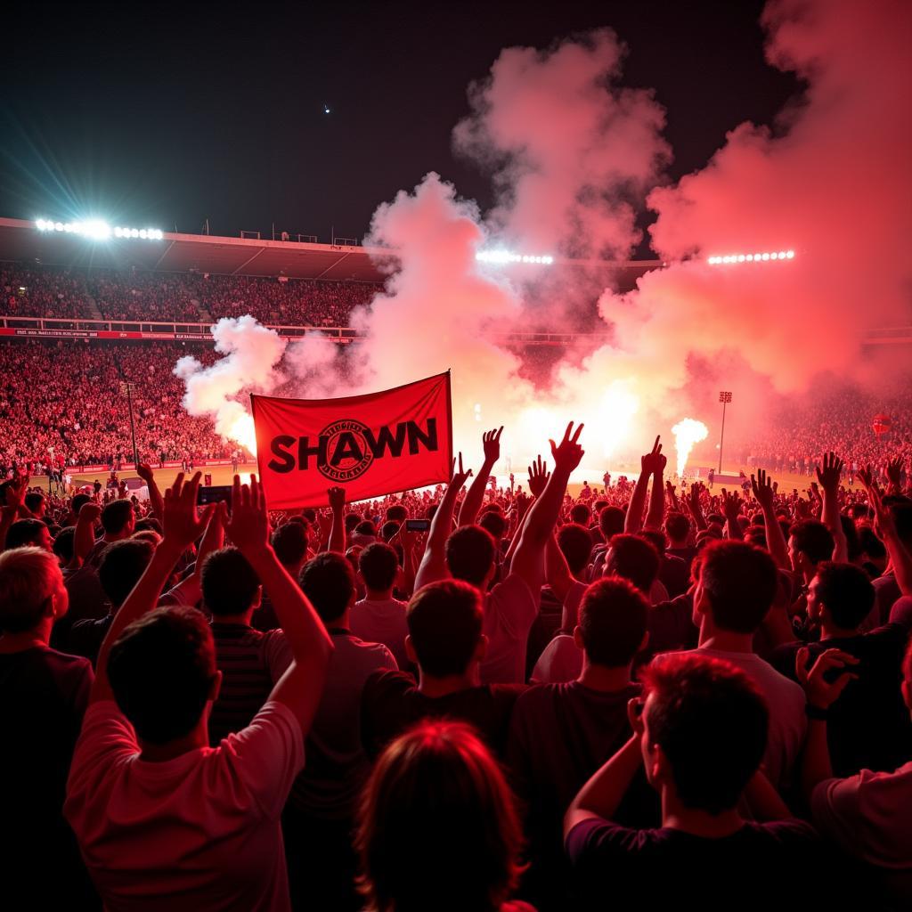 Beşiktaş fans celebrating a victory at Vodafone Park with flares and a "Shawn Records" banner