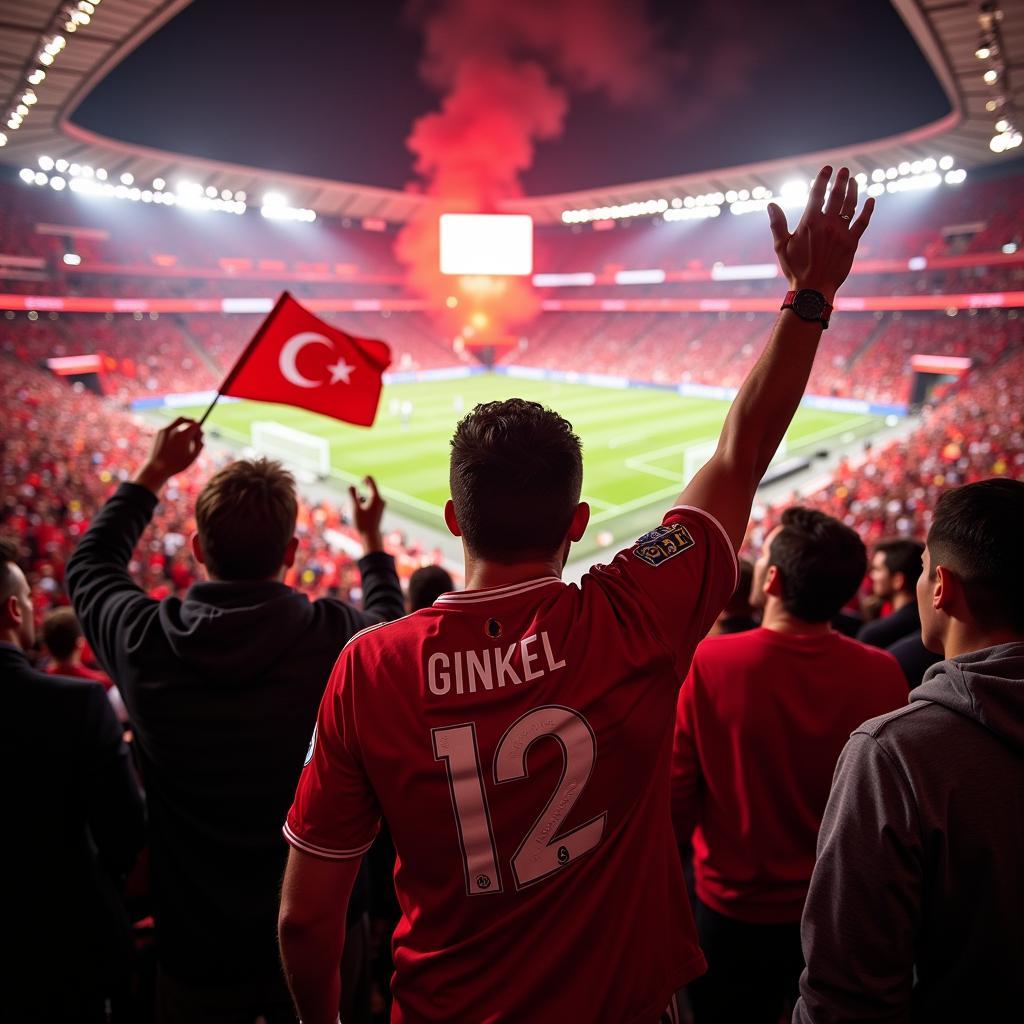 Besiktas fans celebrating a victory, with a focus on a fan wearing a Kevin Ginkel jersey