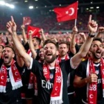 Besiktas fans celebrating a victory, waving flags and wearing Besiktas t-shirts