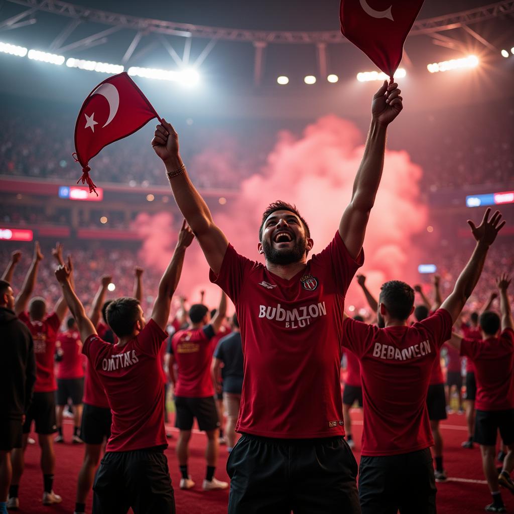 Besiktas fans celebrating a victory, waving transfusion hats