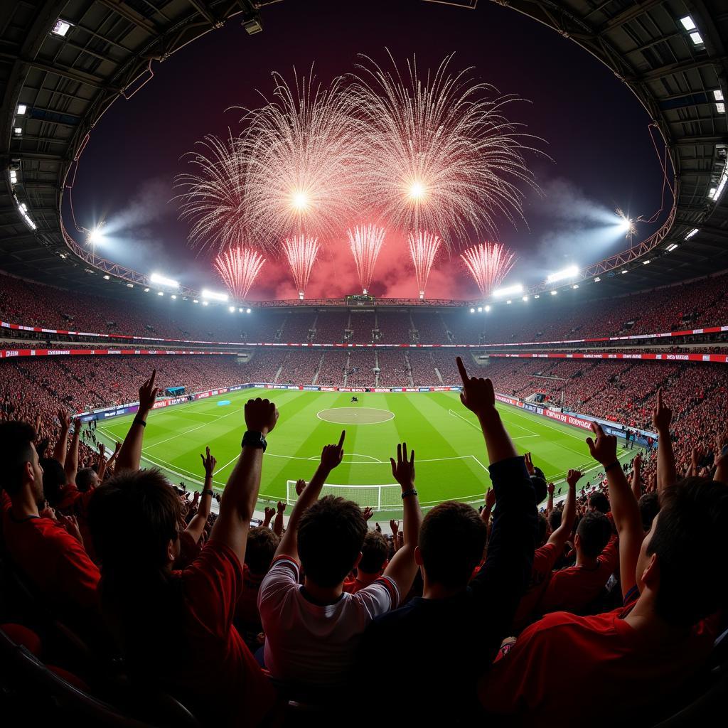 Beşiktaş fans celebrating a goal with wildcard fireworks illuminating the sky