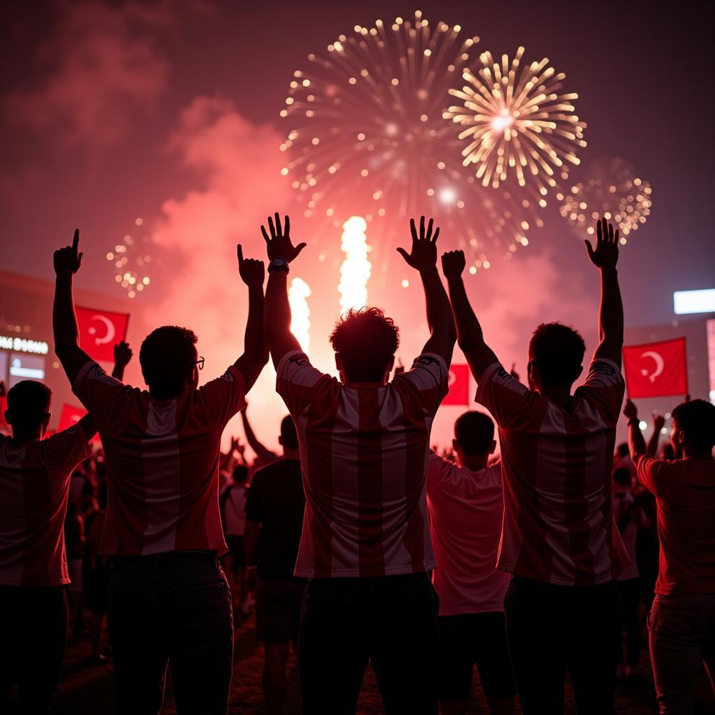 Besiktas fans passionately chanting and celebrating under a sky illuminated by letter fireworks