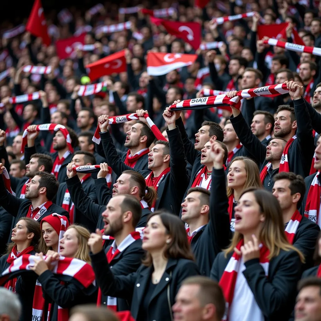 Beşiktaş fans passionately chanting, waving flags and scarves