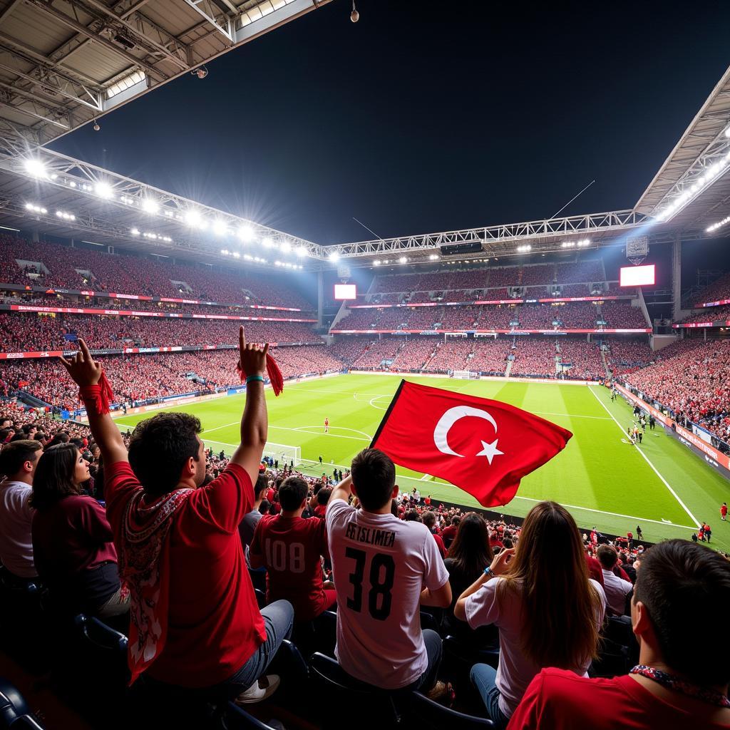 Besiktas fans in the stadium, some sporting Grateful Dead apparel, during a match.