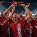 Beşiktaş fans chanting and waving a spray paint pole