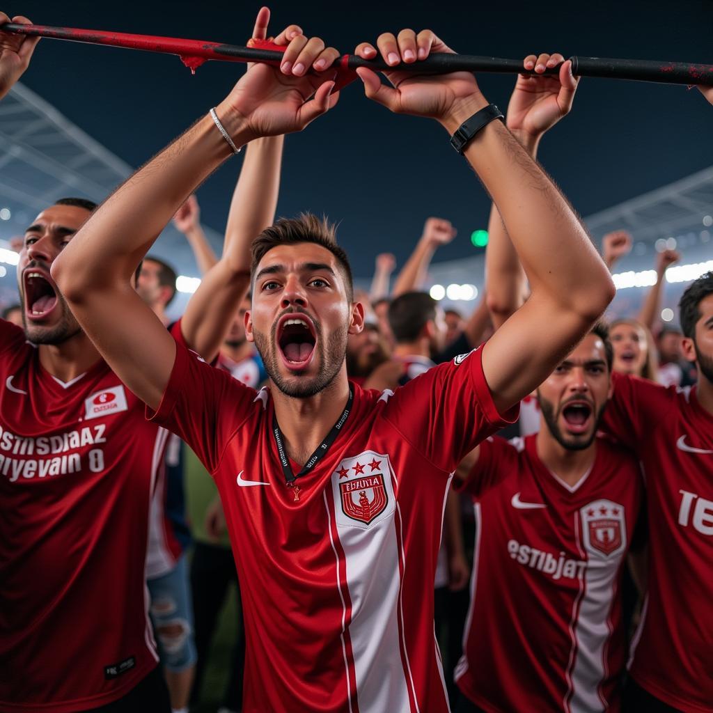 Beşiktaş fans chanting and waving a spray paint pole