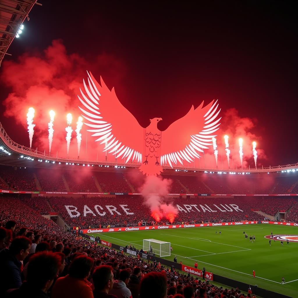 A stunning tifo display unfurled by Besiktas fans in the stands, depicting the club's emblem and the words "Kara Kartallar" (Black Eagles) in bold letters