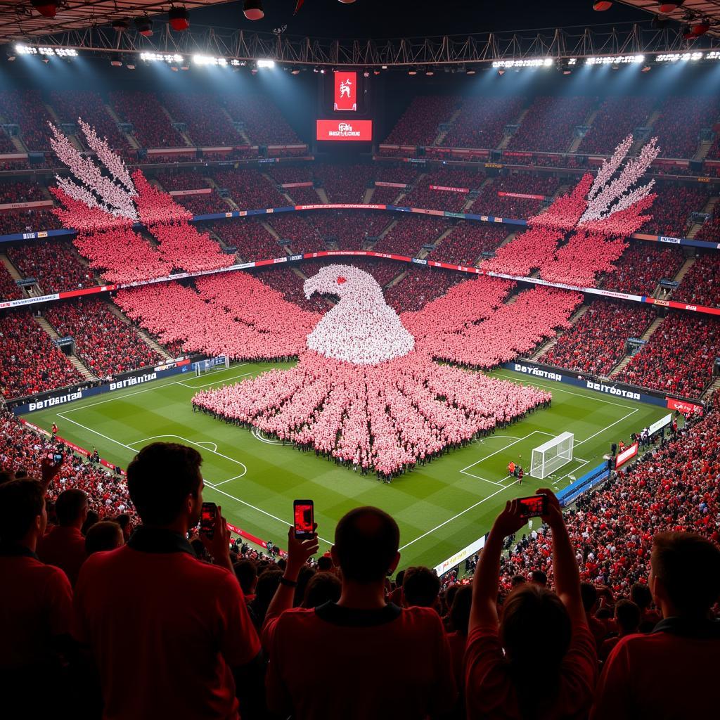 Besiktas fans creating a giant eagle display in the stadium stands