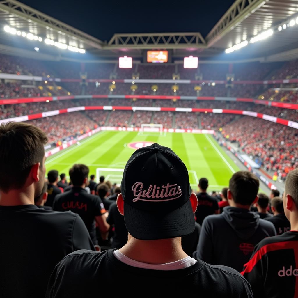 Besiktas fans in Vodafone Park stadium, a sea of black and white, with many sporting Gallagher hats.