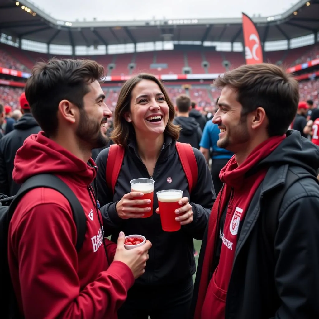 Beşiktaş fans gathering before a match, sharing drinks and laughter