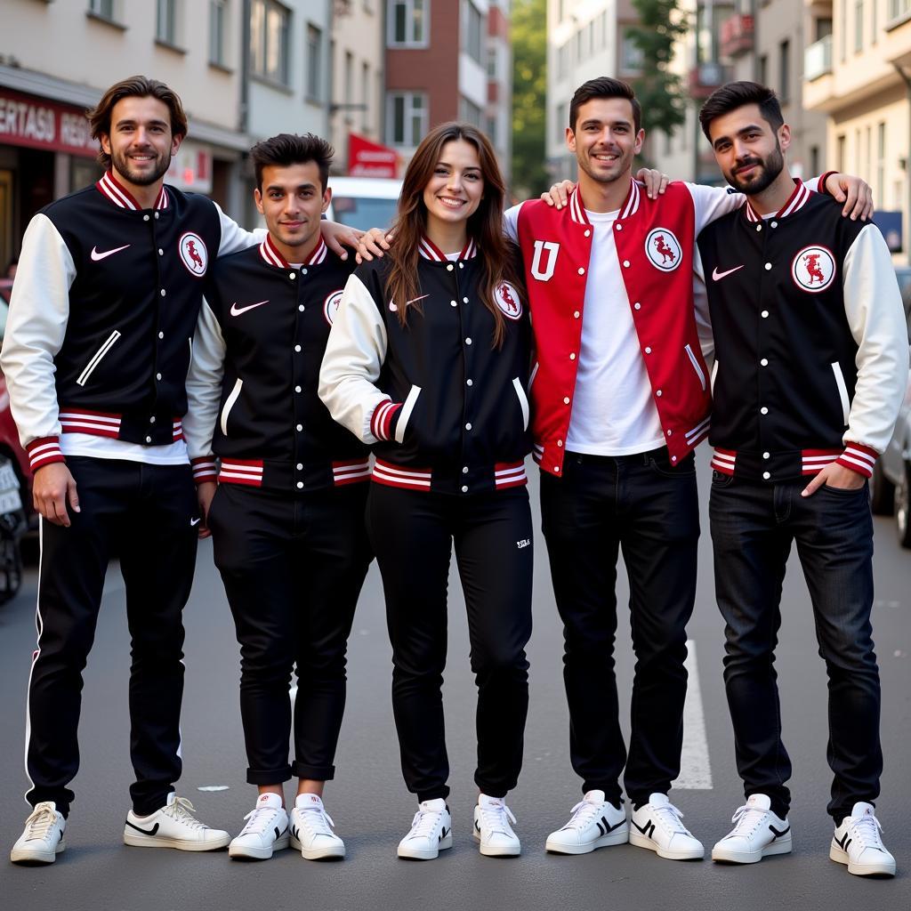 A group of Beşiktaş fans gathered, all wearing variations of varsity jackets and white Sox