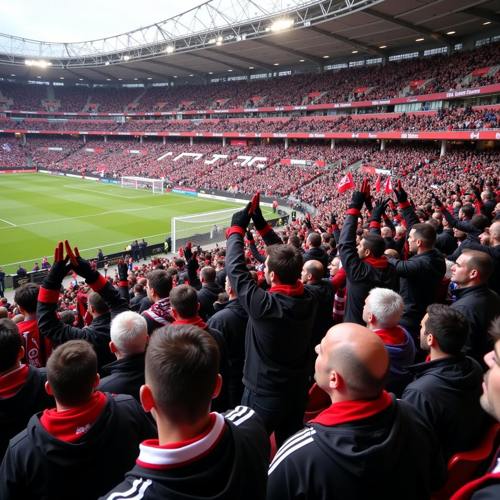 Besiktas fans wearing team scarves and gloves in the stadium