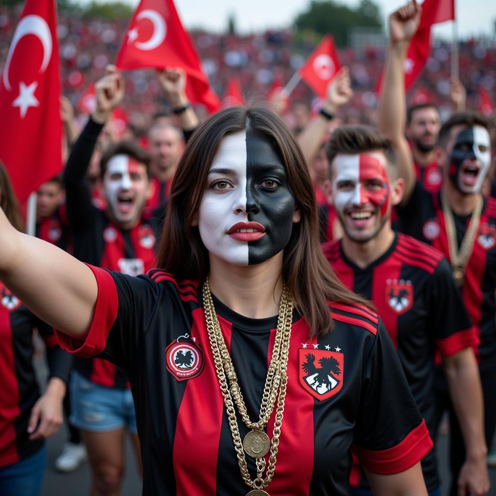 Besiktas fans proudly wearing traditional headpiece chains