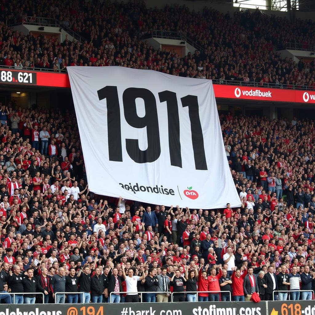 Besiktas fans holding a large banner displaying "1911" during a match