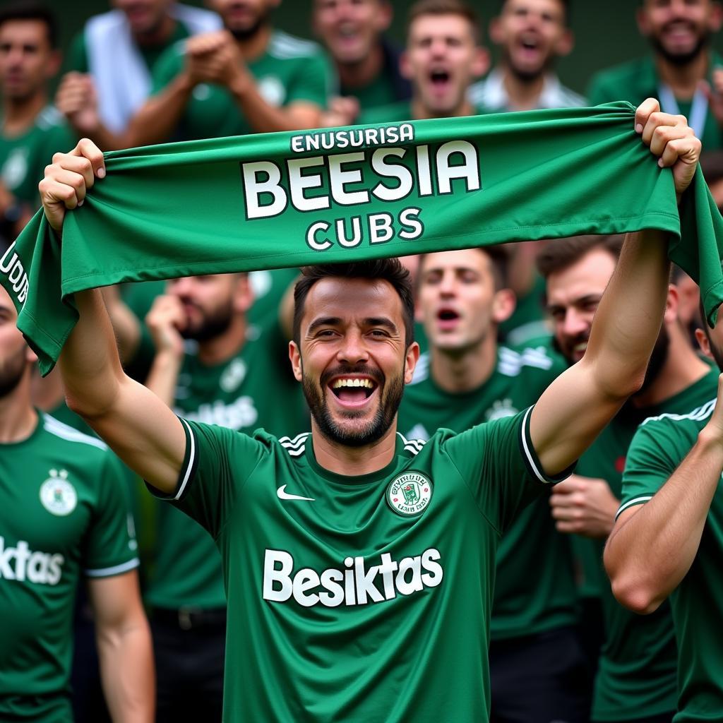 Besiktas fans holding a scarf with the cubs green jersey design