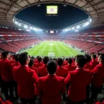 Besiktas fans filling the stadium, all wearing matching red tuxedos