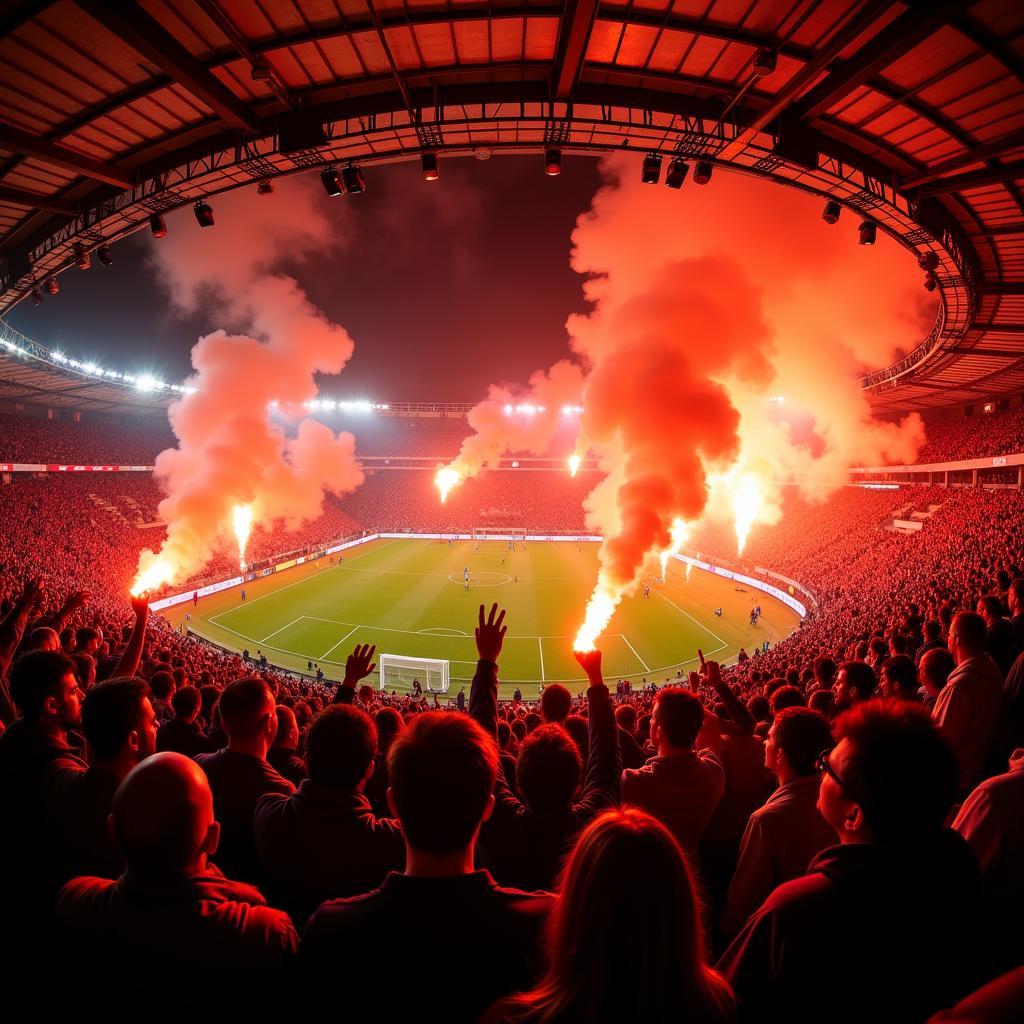 Beşiktaş fans in the stadium with orange flares