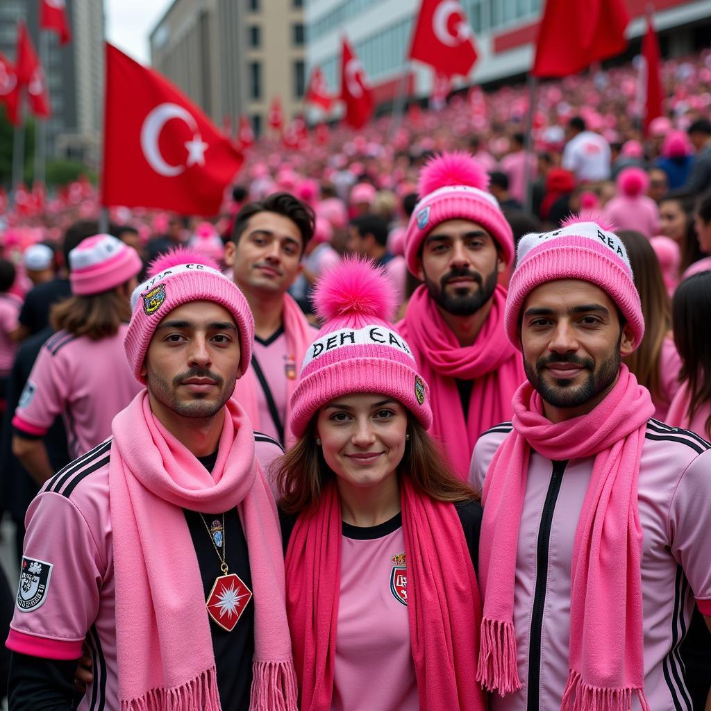 A group of Beşiktaş fans proudly displaying a vast array of June pink merchandise.