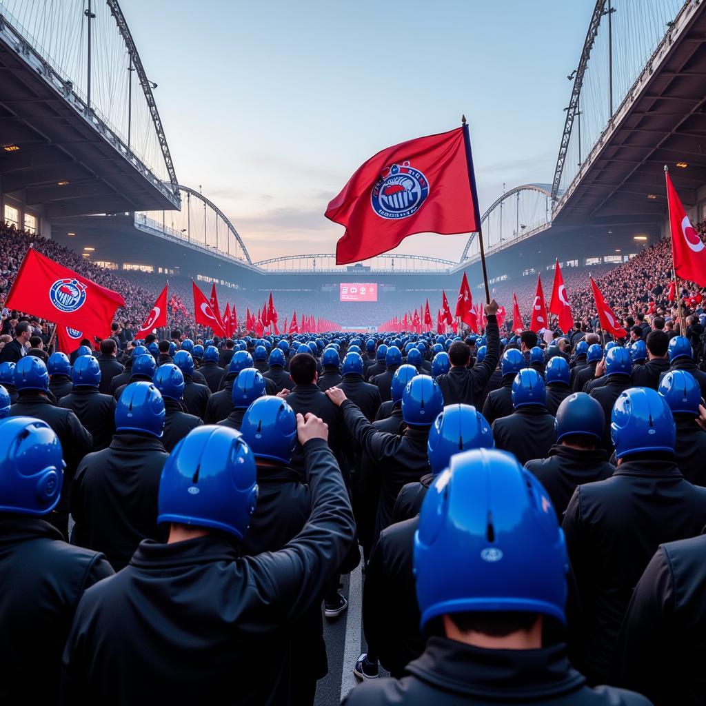 Beşiktaş Fans Marching with Blue Helmets