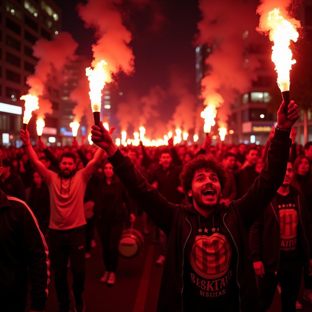 Besiktas Fans Marching with Flares