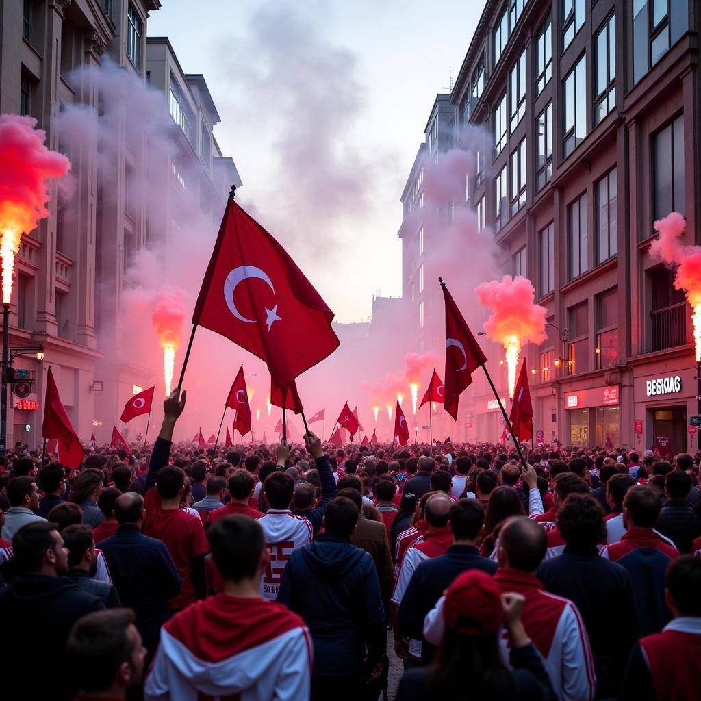 Besiktas fans parade through Istanbul's city center with flares and flags.