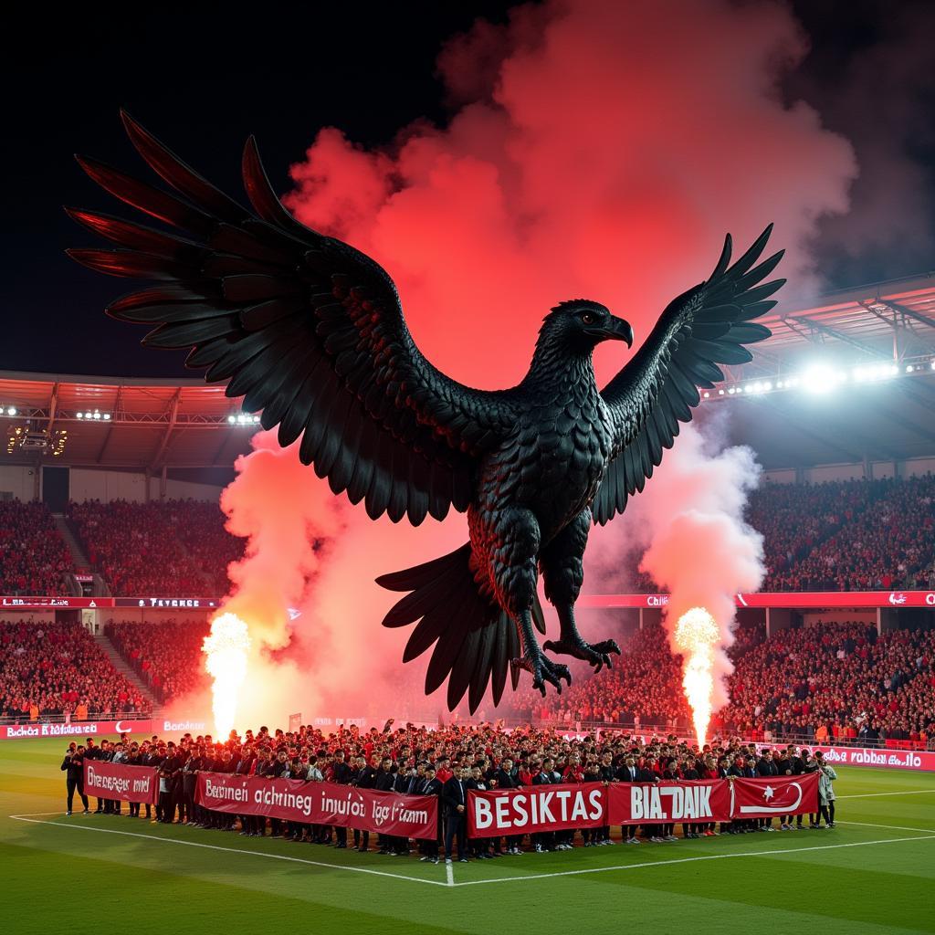 Besiktas fans holding up a giant tifo display before a match