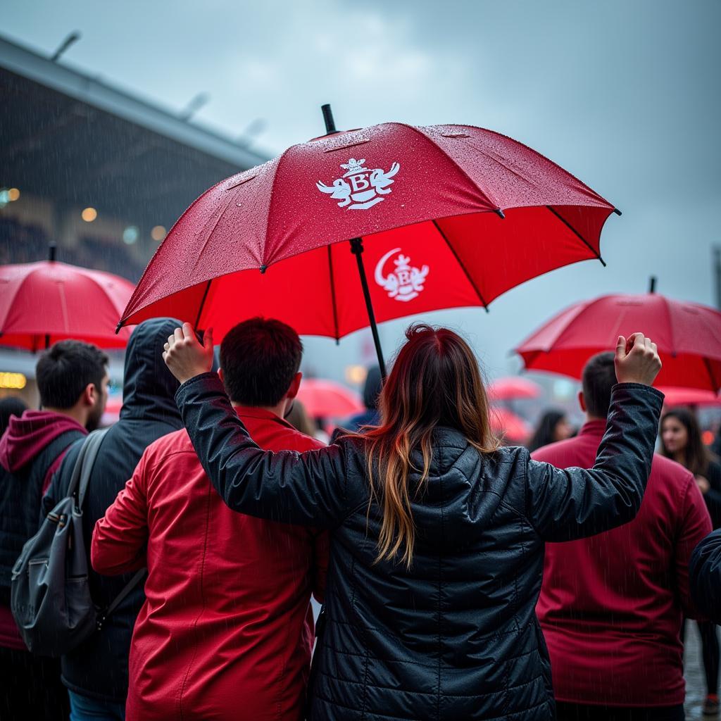 Besiktas fans huddled under a tripod umbrella