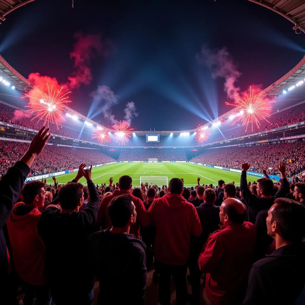 Beşiktaş fans celebrating a victory at Vodafone Park with cosmic lights