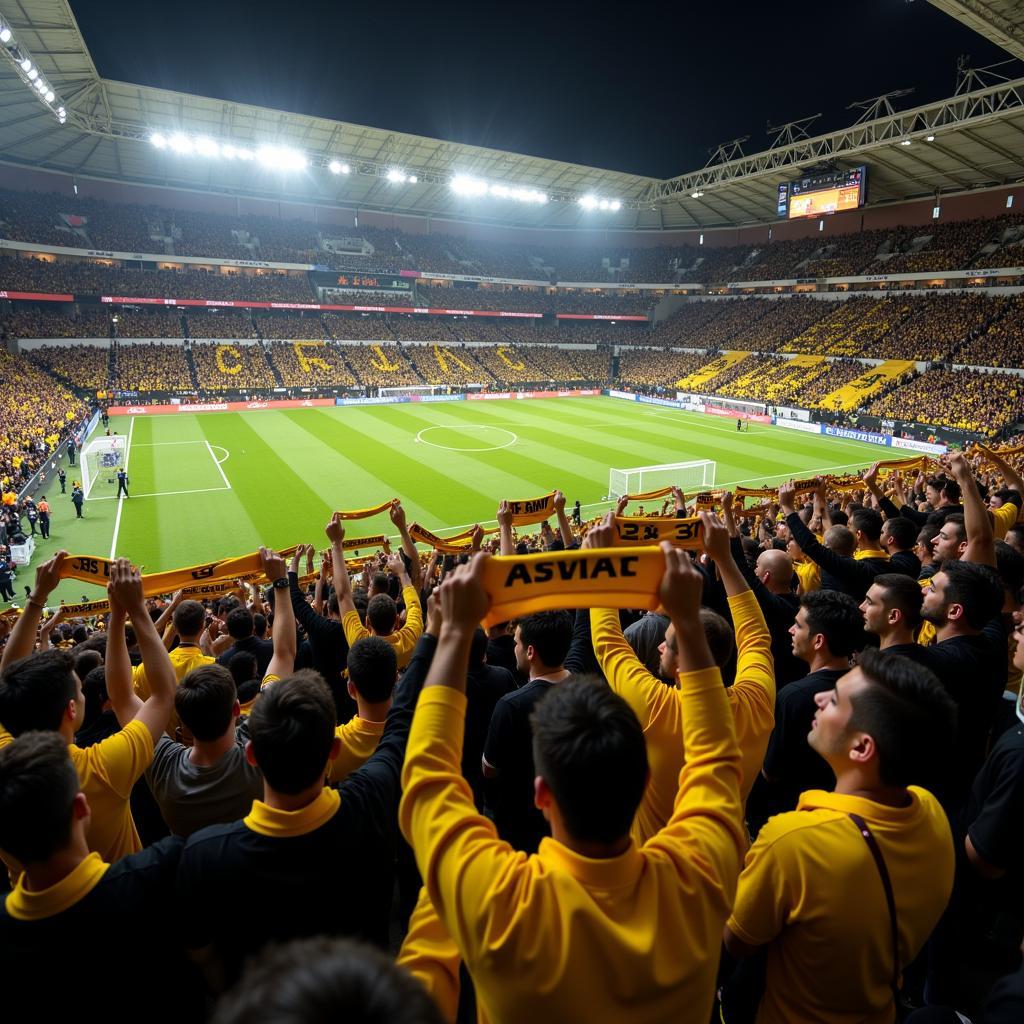 Besiktas fans create a sea of black, white, and gold as they wave flags and scarves in the stands.