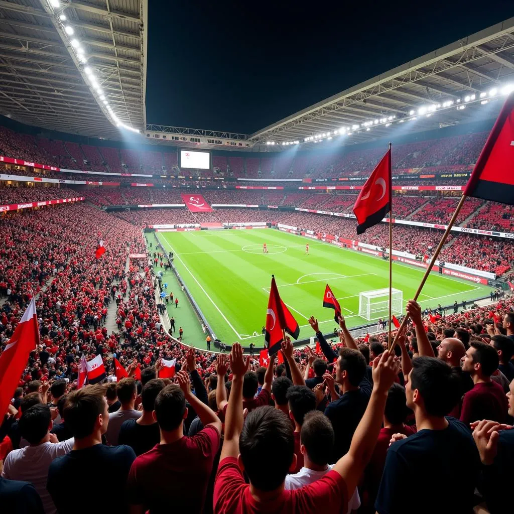 Besiktas fans waving flags in the stadium stands